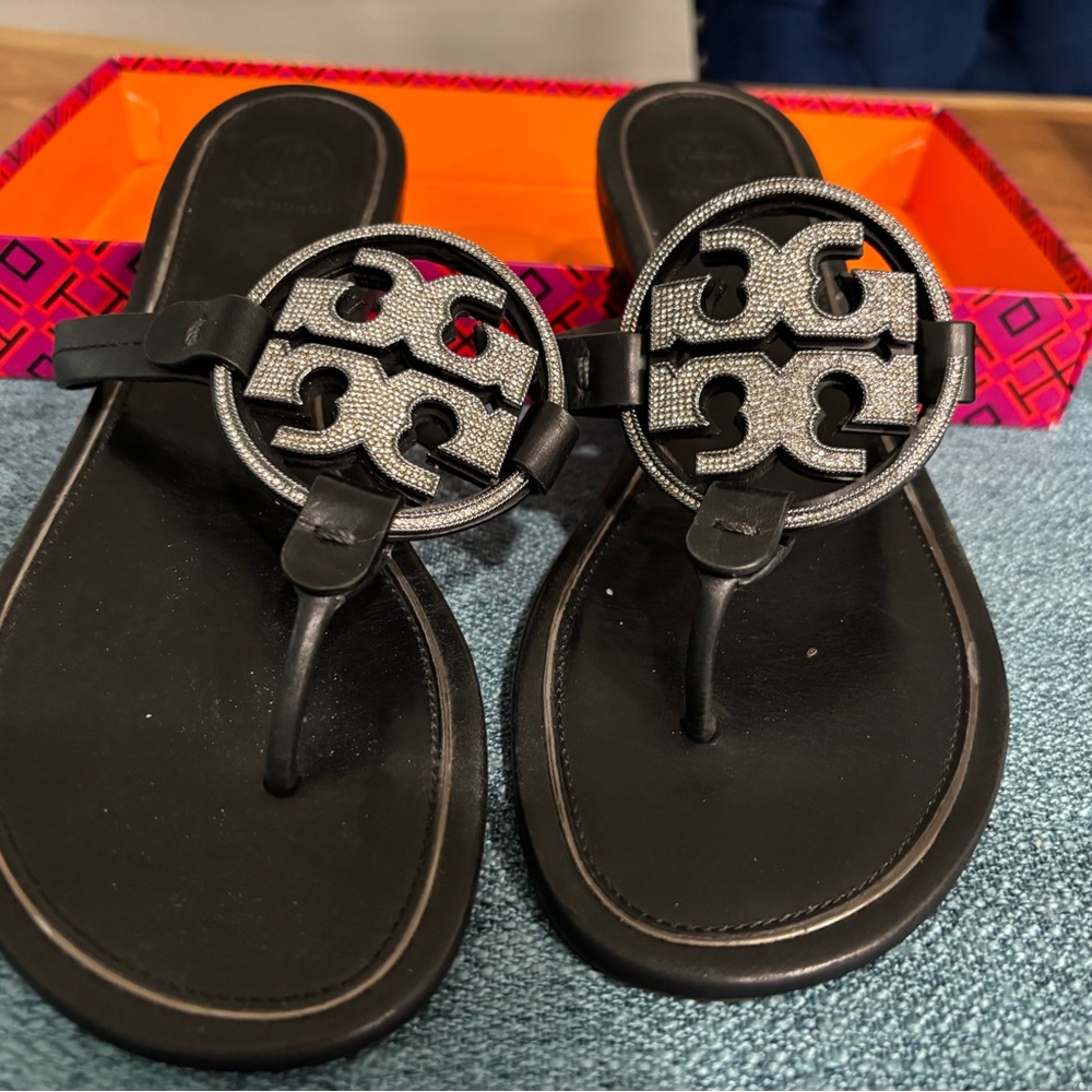 Tory Burch Miller Black Leather Embellished Bling Sparkle Logo Sandals 9